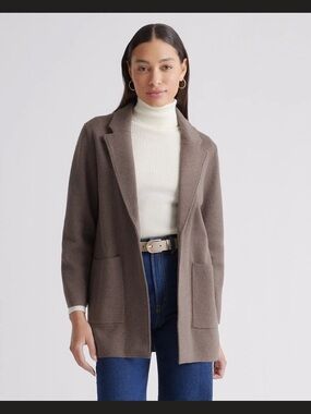 Quince Heather Brown 100% Cotton Knit Open-Front Blazer